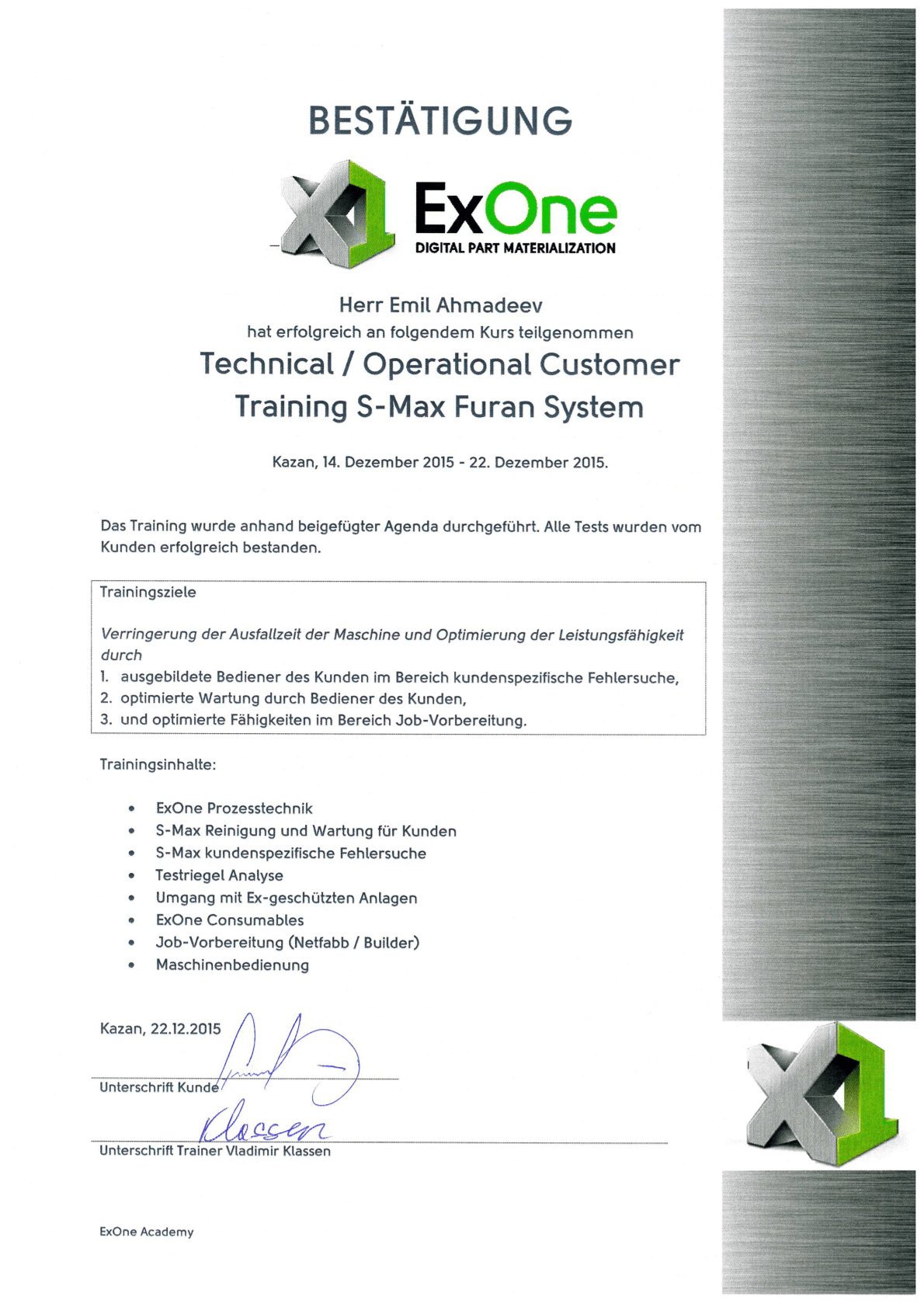 Technical-Operational Customer Training S-Max Furan System certificate