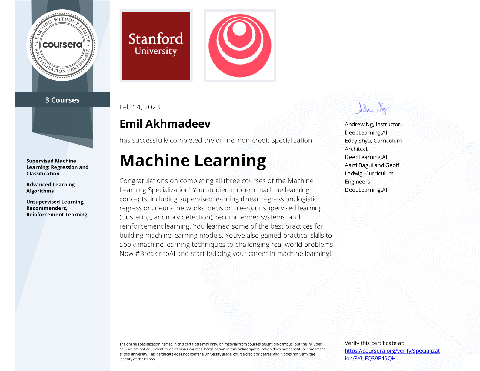 machine learning specialization certificate